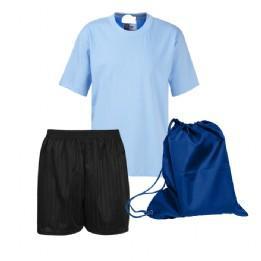 St Lawrence PE Kit Sky T / Black Shorts / Royal Bag